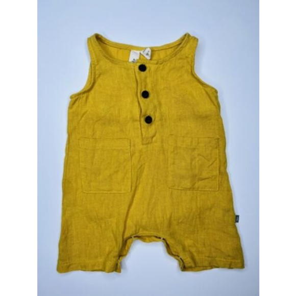 Kyte Baby Linen Romper 3-6 Months Retired Mustard Yellow Button Front Short All